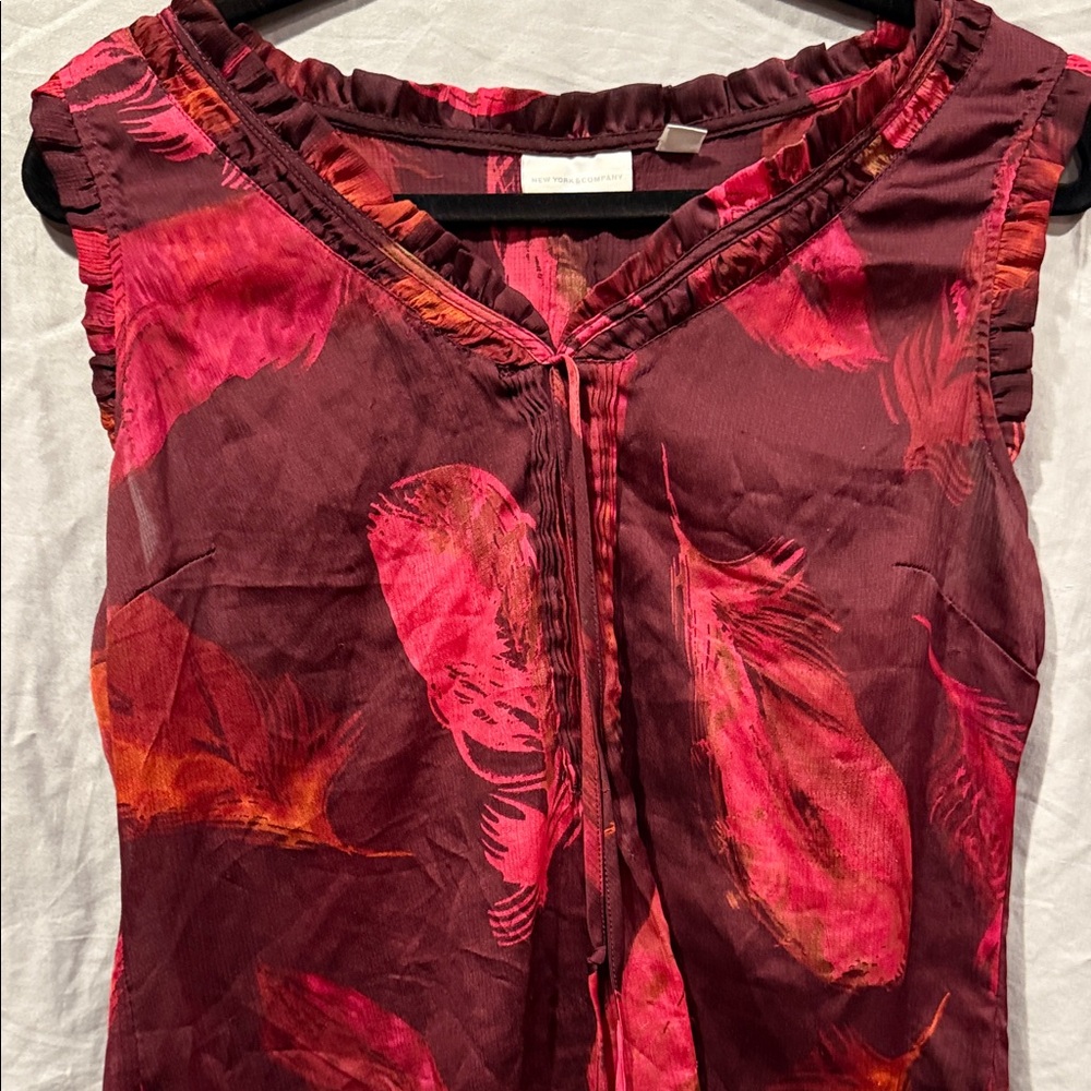 New York & Company Burgundy and Pink Feather Blouse - Picture 3 of 8